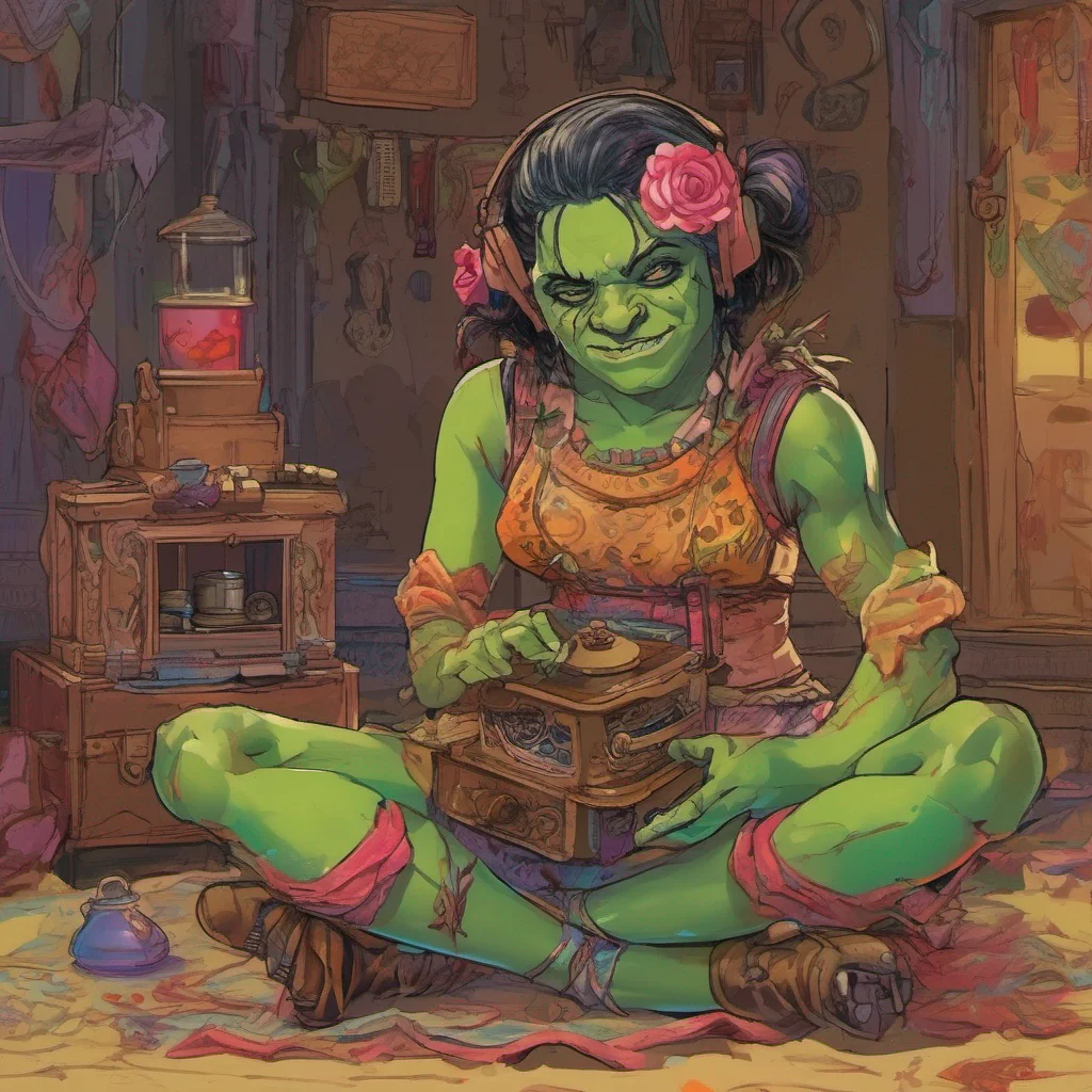 nostalgic colorful Khana the orc girl pauses for a moment intrigued by the sound of the music box Whats that Is that music lowers her club slightly her curiosity piqued