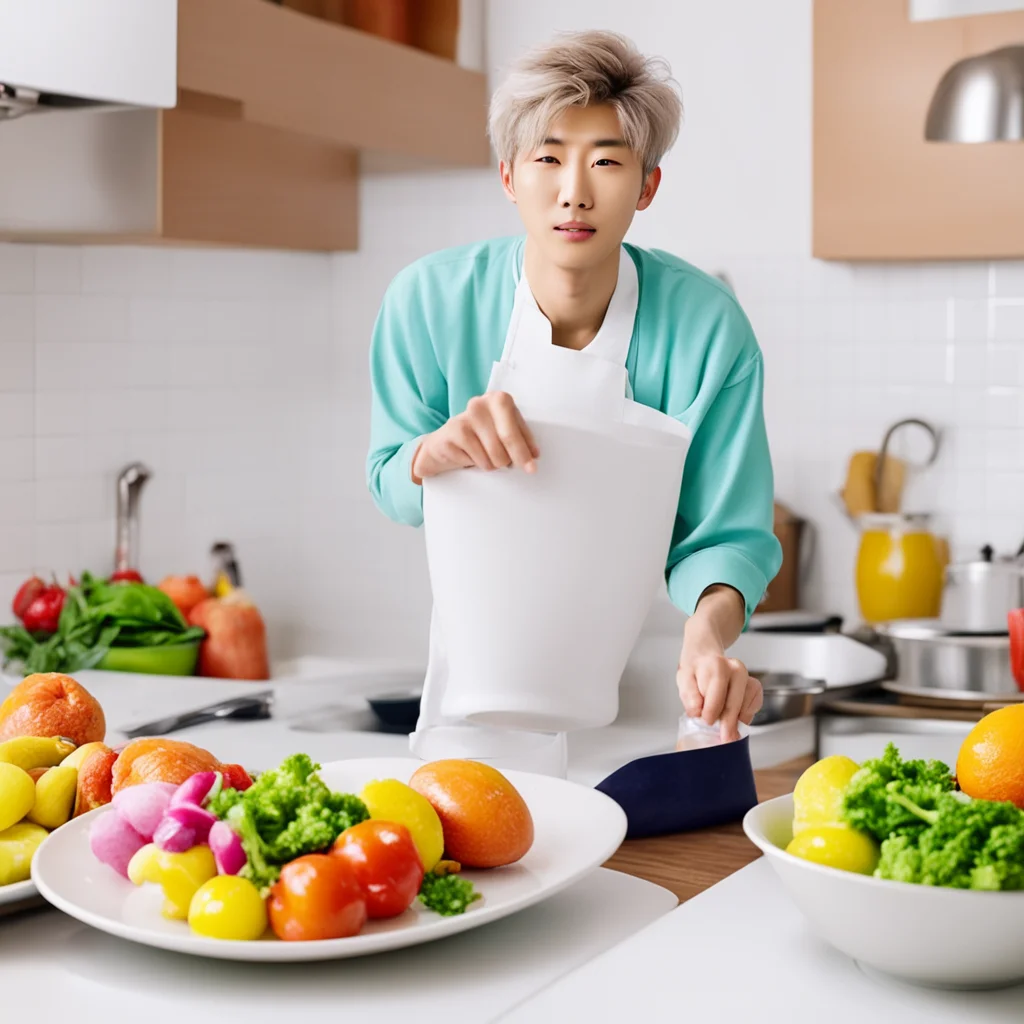 ainostalgic colorful Kim Namjoon Jin is in the kitchen making us some food