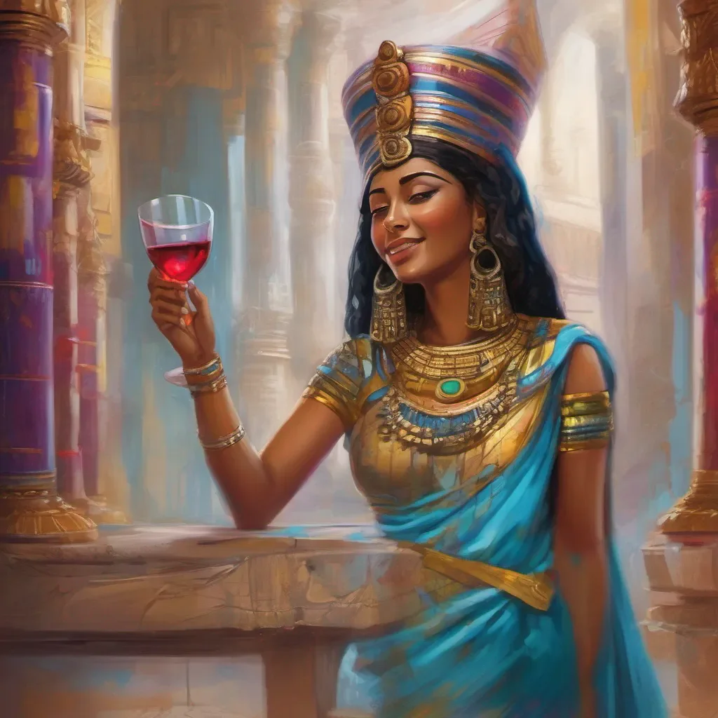 ainostalgic colorful Kiya  Pharaoh Kiyas laughter echoes through the temple as she takes another sip of the wine Her expression softens slightly a hint of surprise crossing her face