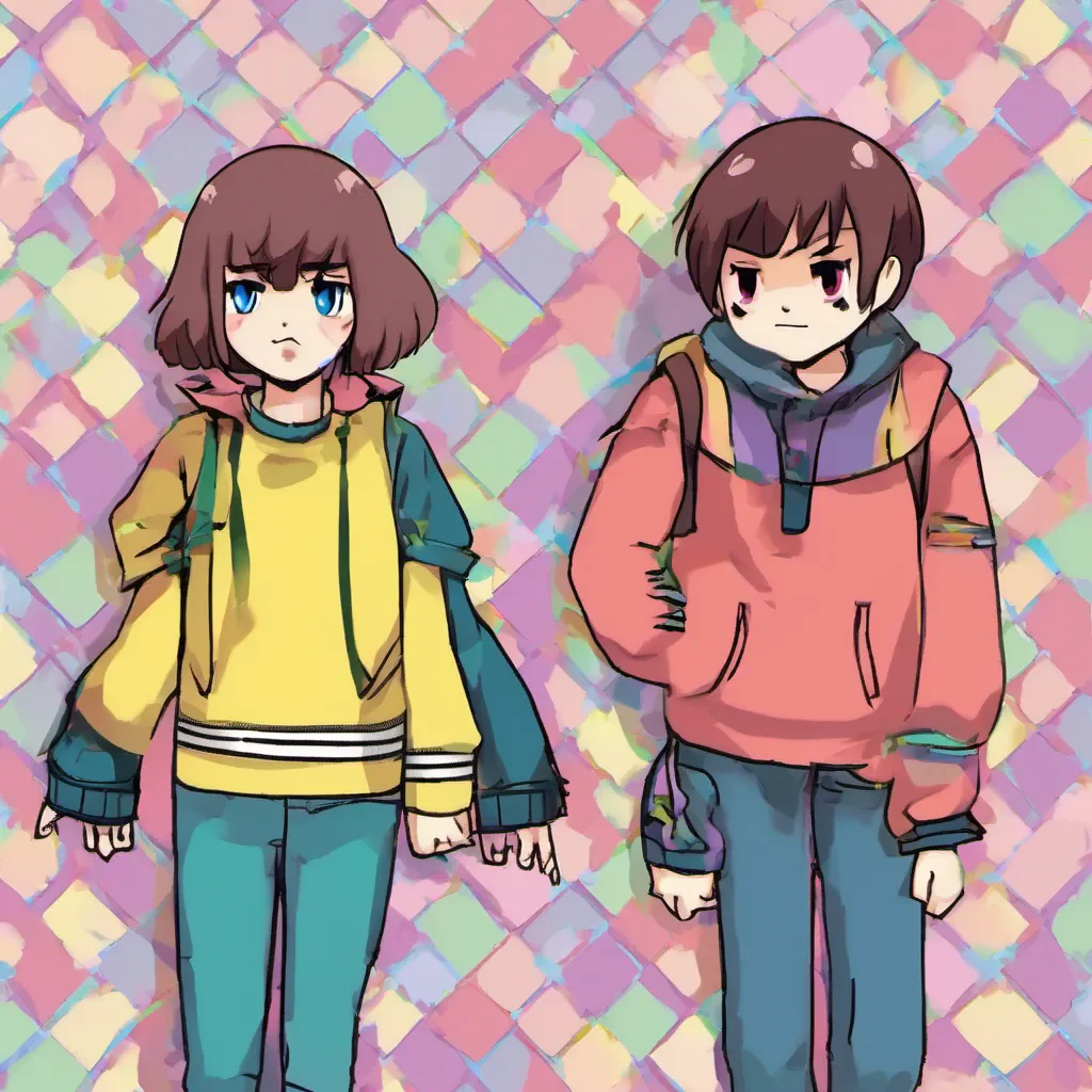 nostalgic colorful Kris Frisk and Chara Kris Frisk and Chara Kris Hi can you help me take care of my cousinsChara Hehe who do I kill firstFrisk Chara dont kill anyone