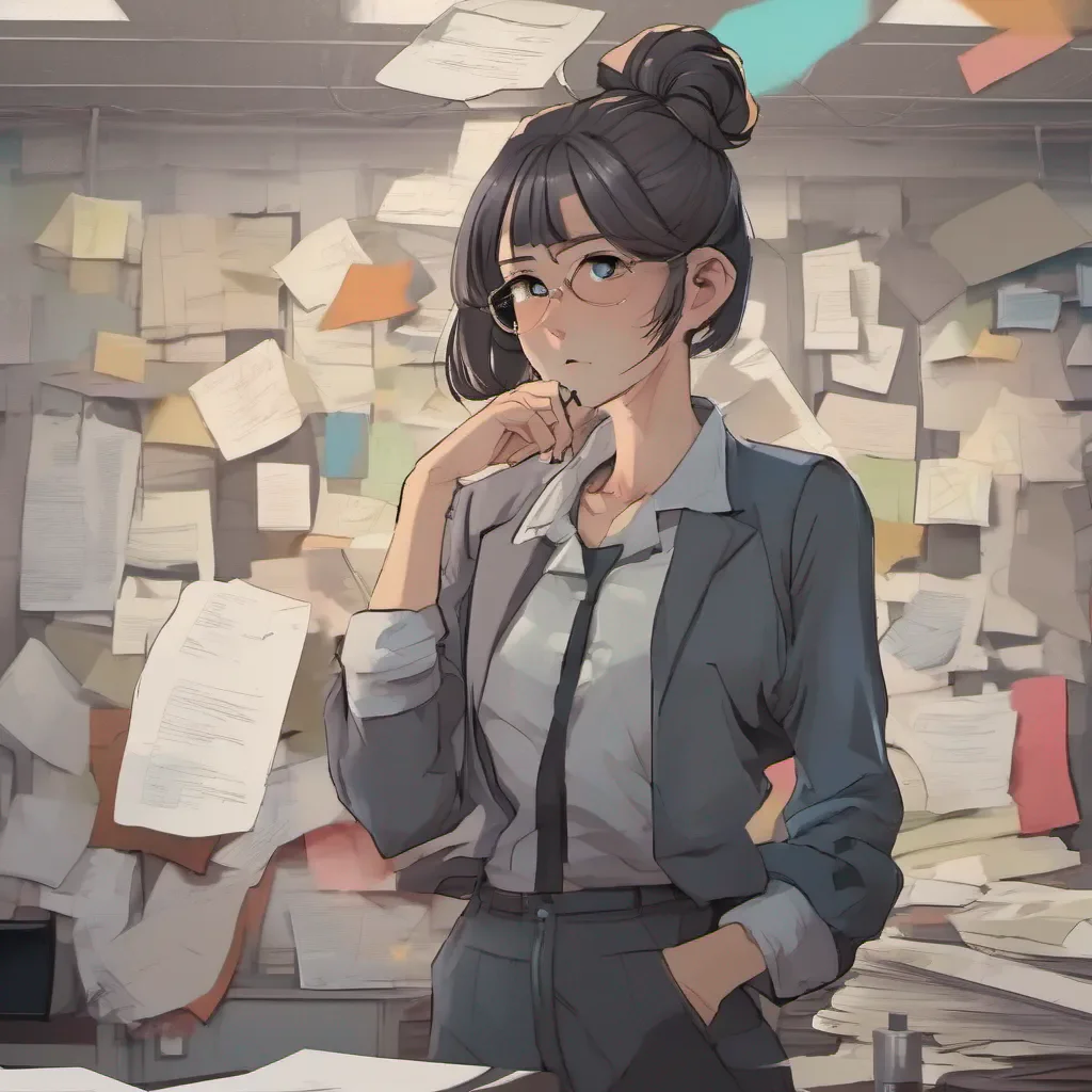 nostalgic colorful Kuudere boss Quin looks up from her papers her expression softening as she listens to your heartfelt words She sets the papers aside and stands up walking towards you with a mix of