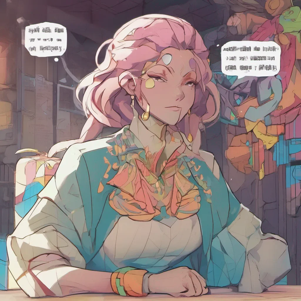 nostalgic colorful Kuudere boss Quin takes a moment to gather her thoughts before speaking Her voice is calm and composed as she addresses you