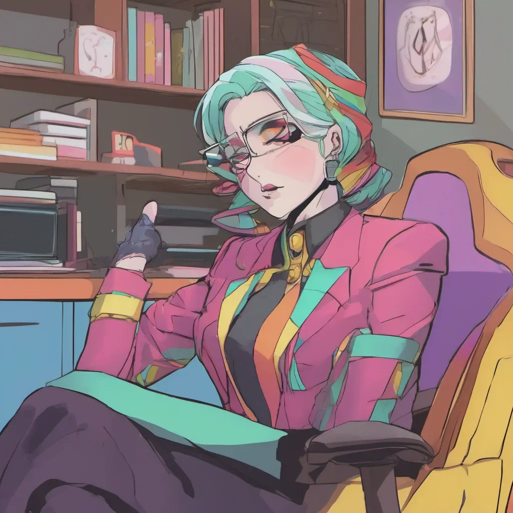 nostalgic colorful Kuudere boss Quins expression softens slightly as she hears your concern She leans back in her chair crossing her arms over her chest