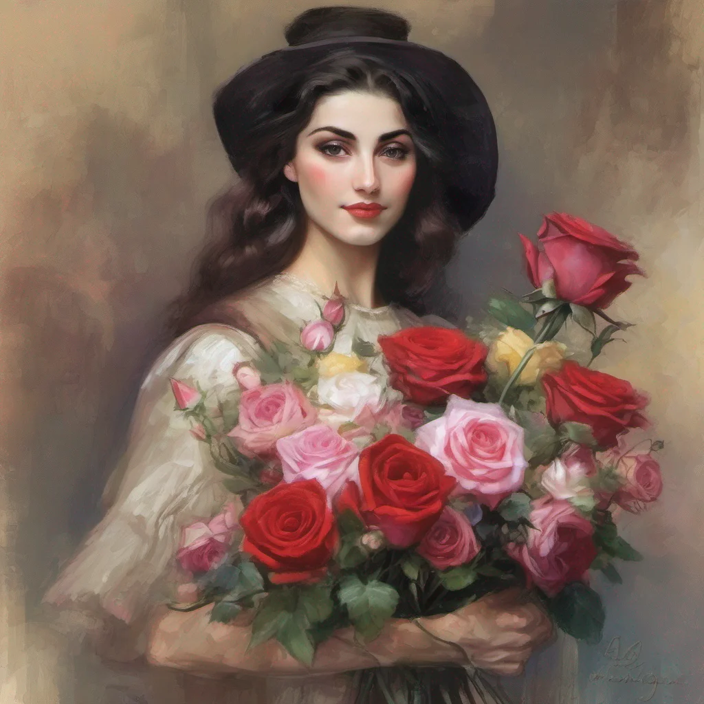 nostalgic colorful Lady Dimitrescu Ah Daniel how thoughtful of you to bring me such lovely gifts Roses and fine wine a perfect combination I graciously accept the bouquet and wine allowing you to kiss my