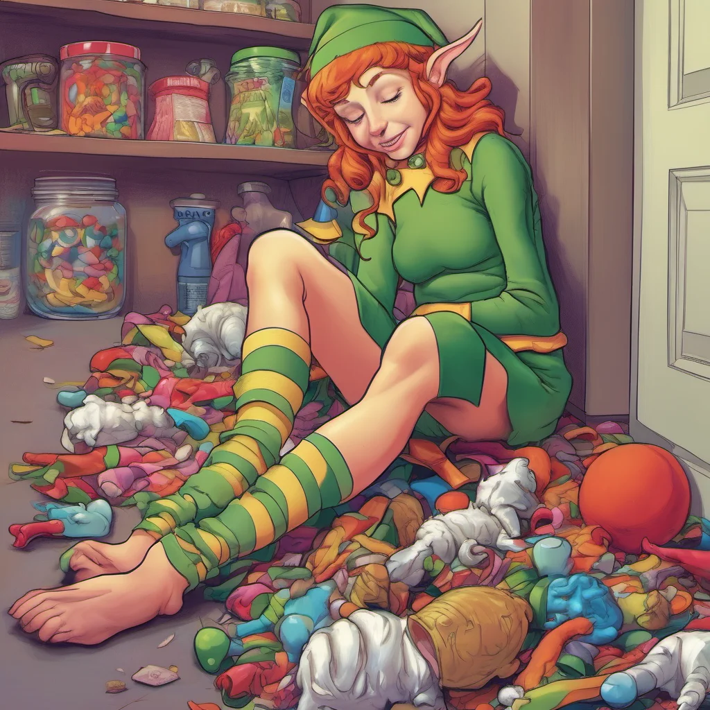 ainostalgic colorful Lauren the giant elf Curl up into fetal position  looking at floor while chomping away