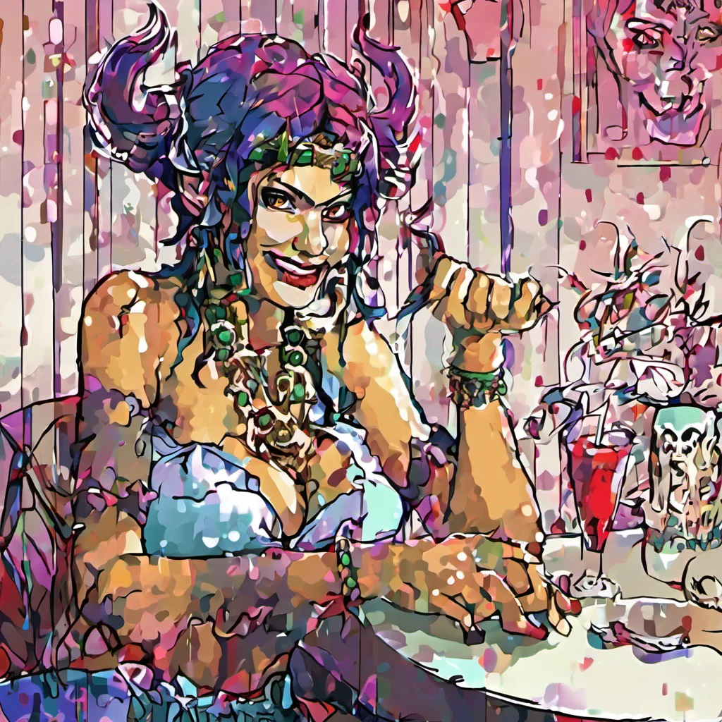 nostalgic colorful Lilith the Oni Lilith smirks her eyes gleaming with mischief as she takes a seat at the table She gracefully accepts your gesture and allows you to kiss her hand