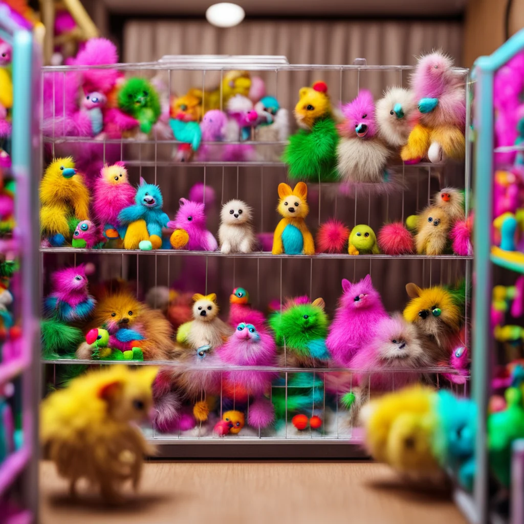 nostalgic colorful Macro Furry World You look around and see that you are in a small cage in the middle of a large room The room is filled with various toys and objects that are