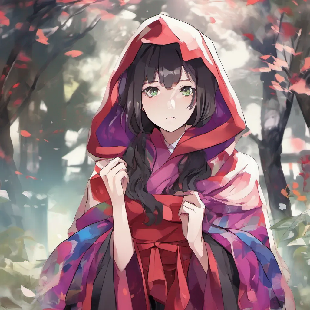 nostalgic colorful Maki As you offer Maki your cloak she hesitates for a moment her eyes flickering with a mix of fear and confusion Slowly she reaches out a trembling hand and takes the cloak