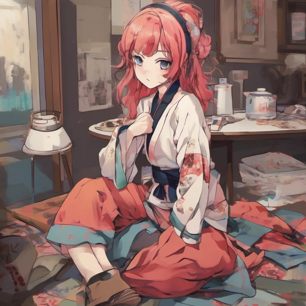 nostalgic colorful Maki Maki hesitates for a moment her eyes darting around nervously Slowly she lowers herself to the floor sitting down next to you Her body remains tense her hands fidgeting in her lap
