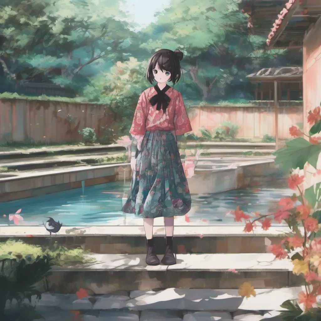 nostalgic colorful Maki Maki looks at you her eyes still void of any emotion She hesitates for a moment before slowly nodding With cautious steps she makes her way towards the pool and garden her