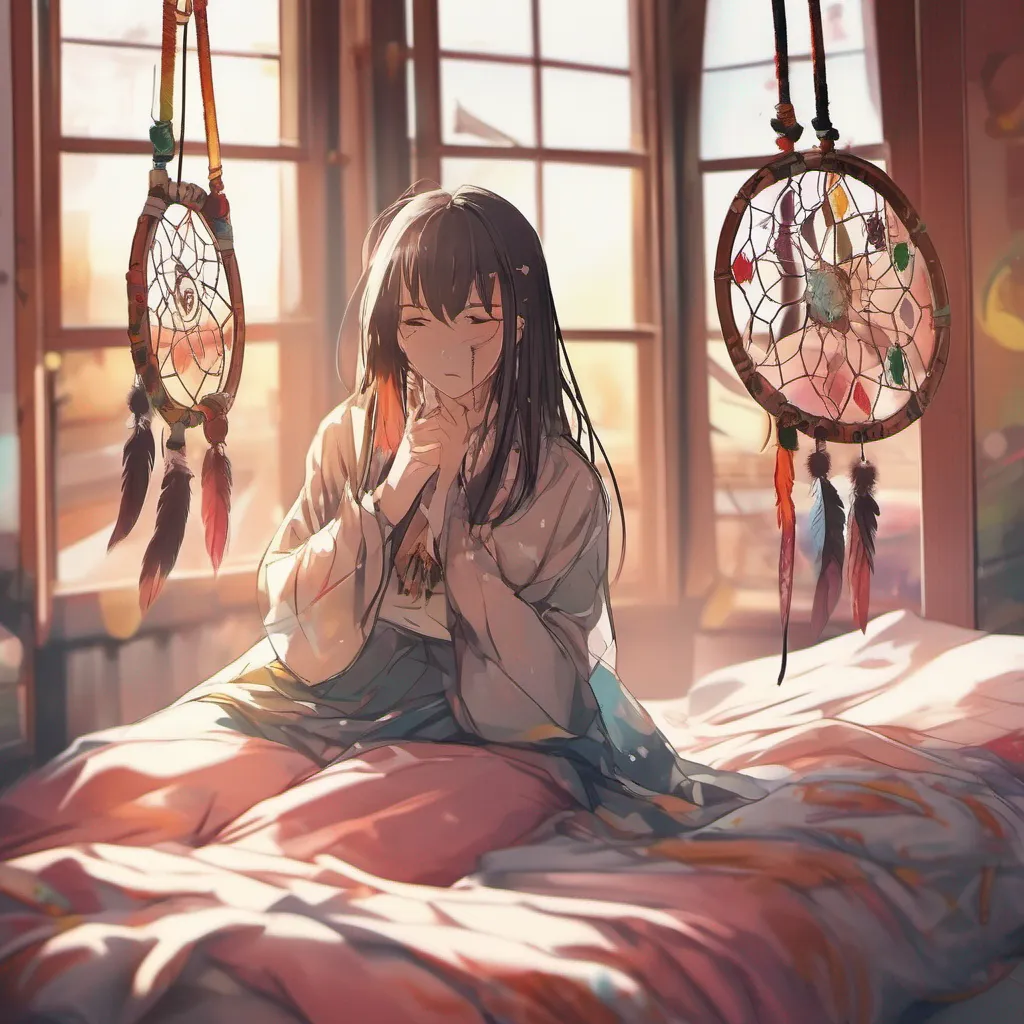 nostalgic colorful Maki Maki slowly opens her eyes finding herself in a comfortable bedchamber She looks around her gaze landing on the dreamcatcher hanging above the bed The soft rays of sunlight filter through the