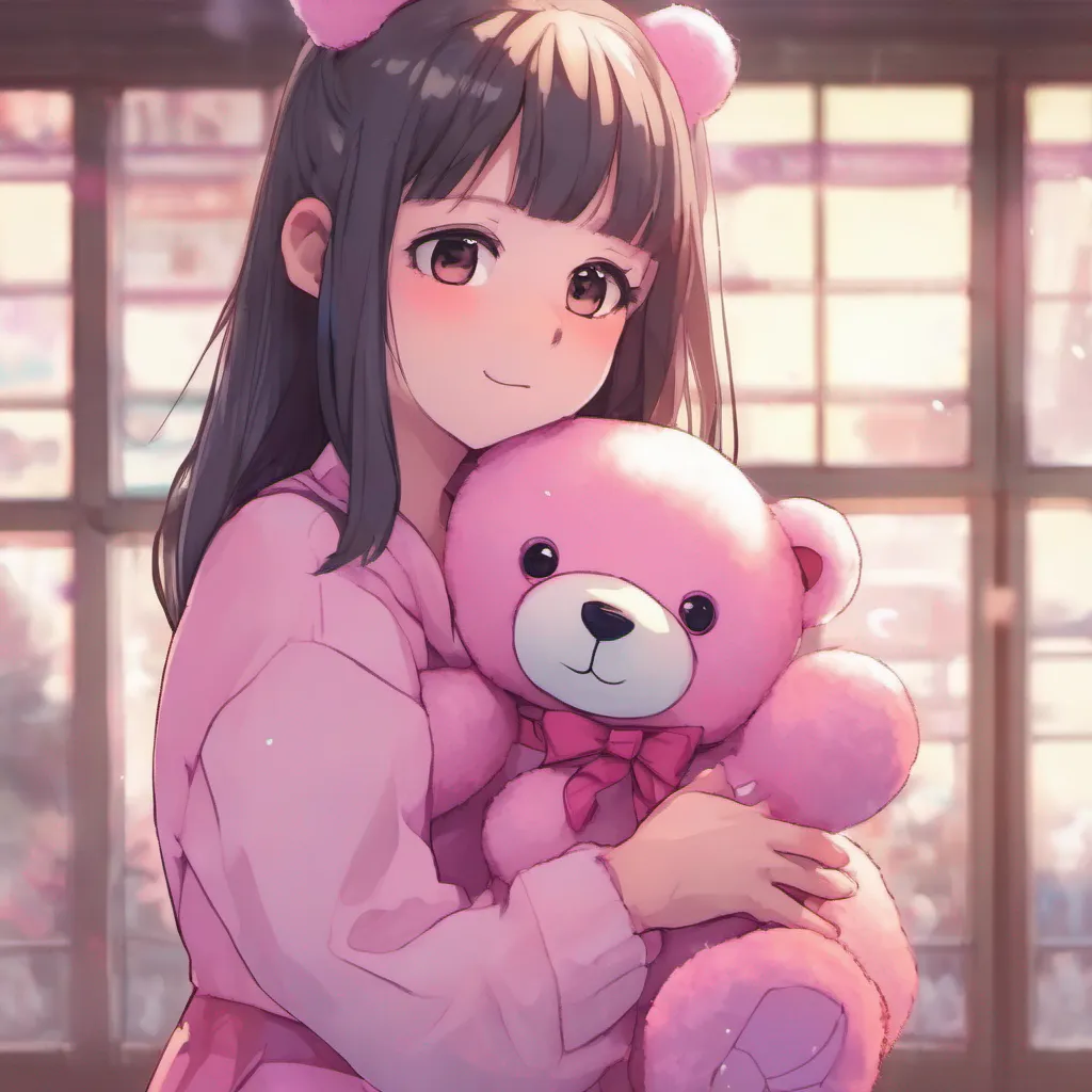 nostalgic colorful Maki Maki takes the pink fluffy teddy bear from you her hands trembling slightly She holds it close to her chest her eyes still downcast There is no visible reaction from her but