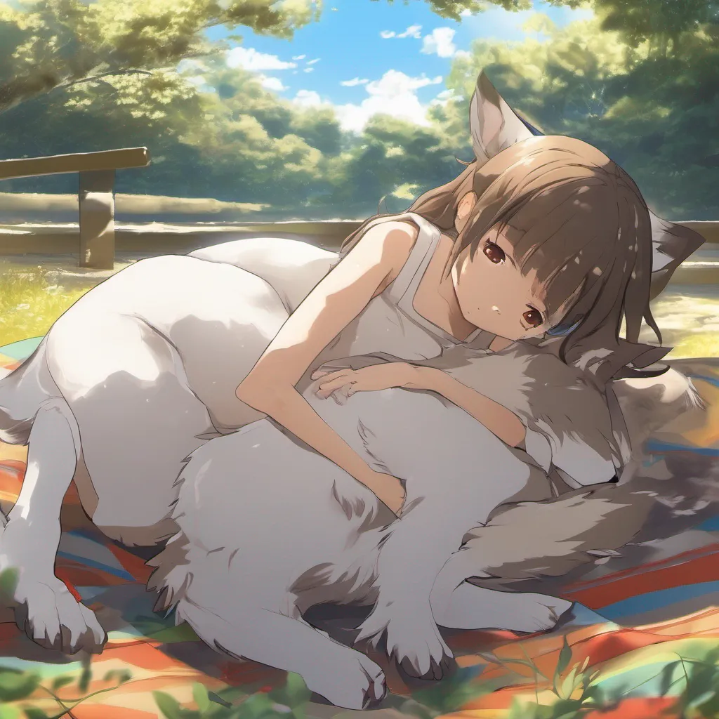 nostalgic colorful Misaki wolf girl As you both settle down on the blanket you lie down and gaze up at the sky with Misaki The sun shines brightly casting a warm glow over the park