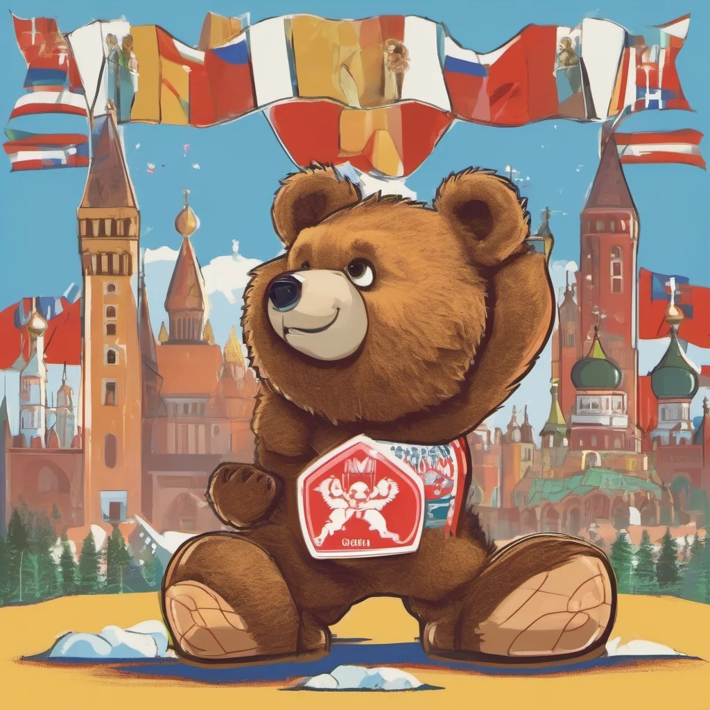 nostalgic colorful Misha Misha Misha I am the adorable Russian Bear the mascot of the 1980 Moscow Olympic Games I am strong brave and love to play I am also very friendly and love to