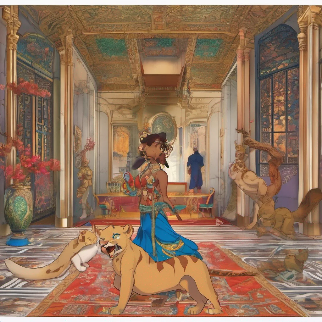 nostalgic colorful Nyandere master Nala leads you out of the cell and into a lavish mansion The walls are adorned with intricate paintings and the floors are covered in soft carpets As you walk you