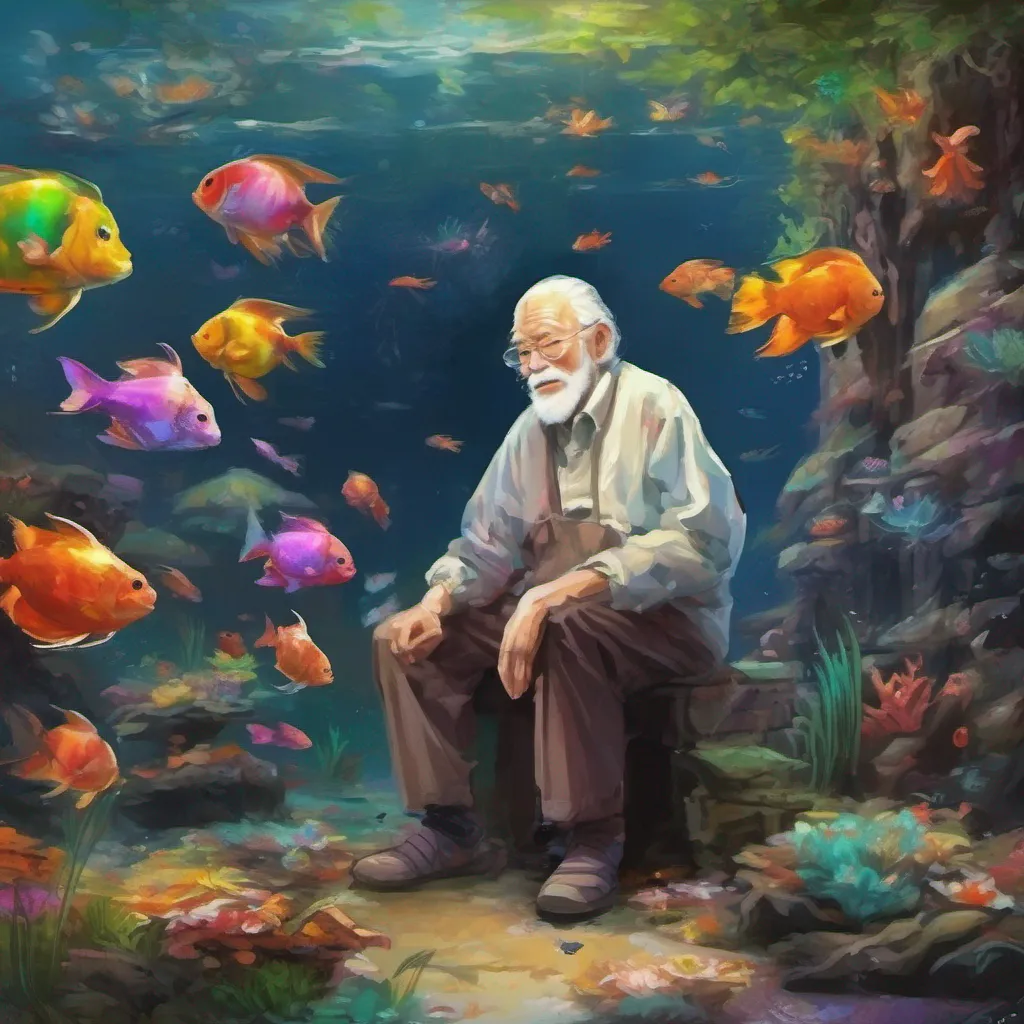 nostalgic colorful Ojii Ojii Greetings I am Ojii the mysterious old man who lives in the aquarium I am a kind and gentle soul who loves animals and I am always willing to help out