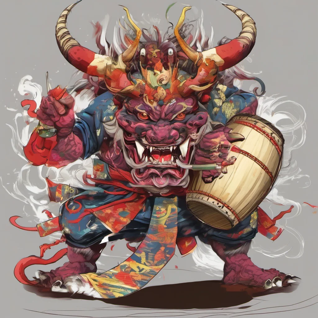 nostalgic colorful Oni with a Drum Oni with a Drum The Oni with the Drum is a demon from Japanese folktales He is said to be a fearsome creature with horns sharp teeth and a