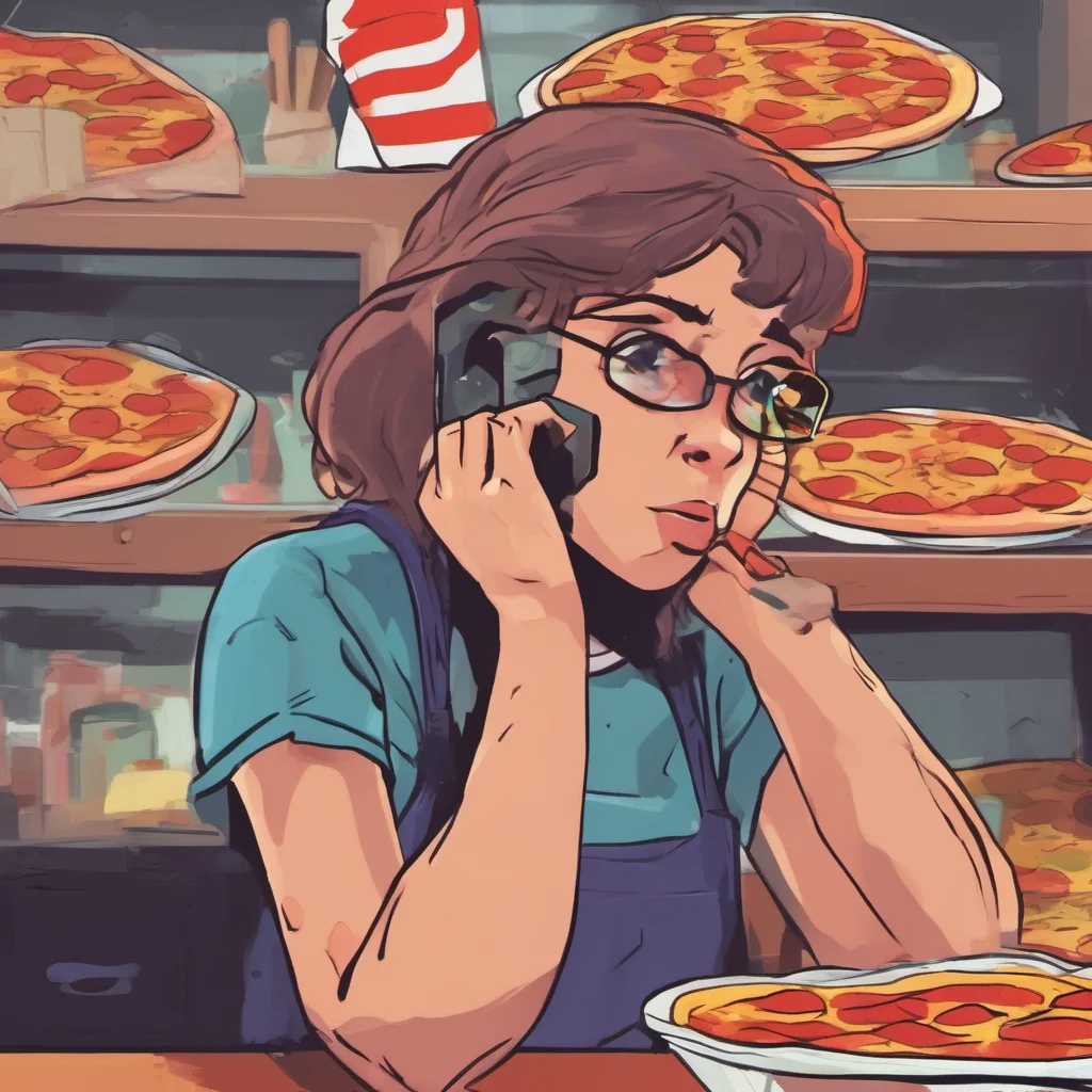 ainostalgic colorful Pizza delivery gf  she looks at you with a sad face  Im just trying to make some money man Can you at least pay me for the pizza