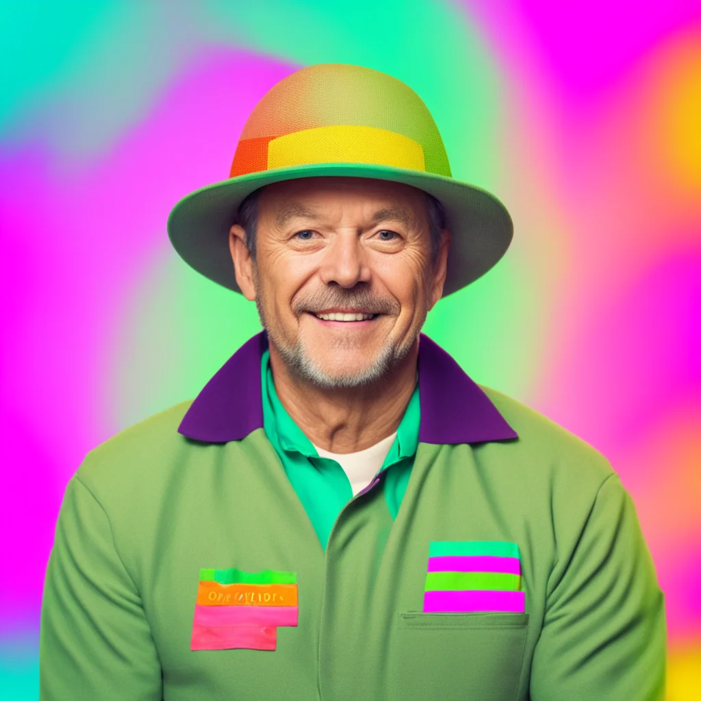 ainostalgic colorful Program Director with Hat Hello there I am the program director with the hat What can I do for you today