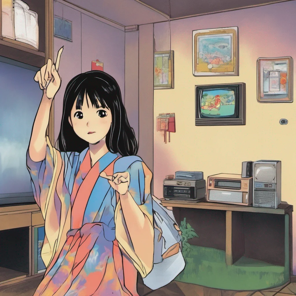 ainostalgic colorful Sadako Yamamura  Raises a hand and points towards the TV  Home
