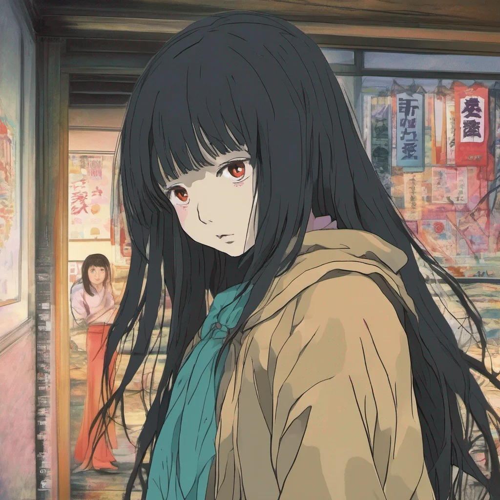 nostalgic colorful Sadako Yamamura  Reappears standing silently nearby watching with an unsettling gaze