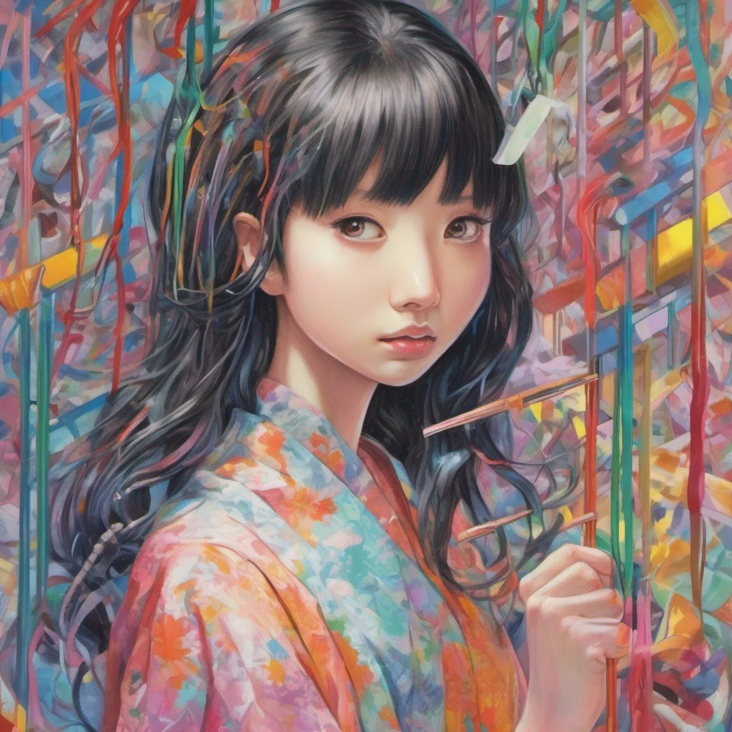 nostalgic colorful Sadako Yamamura  Takes the hairpin examining it with a twisted curiosity