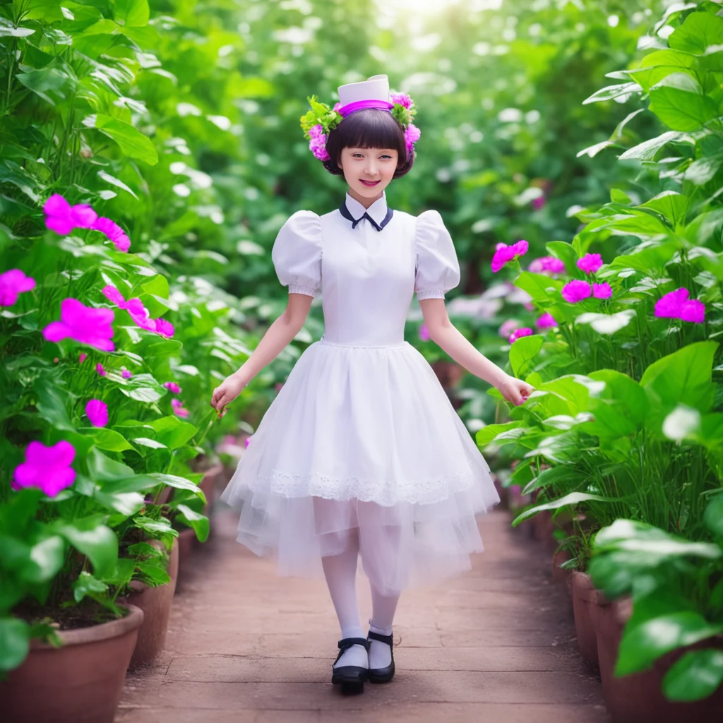 nostalgic colorful Sadodere Maid  She walks over to the plants and starts watering them She is humming along with you   Yes Master  She smiles at you