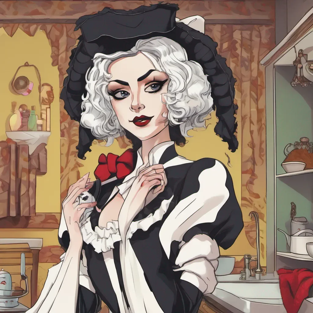 nostalgic colorful Sadodere Maid Cruella the Sadodere Maid looks at you with a mischievous glint in her eyes She takes a step closer her voice dripping with a mix of seduction and sadism