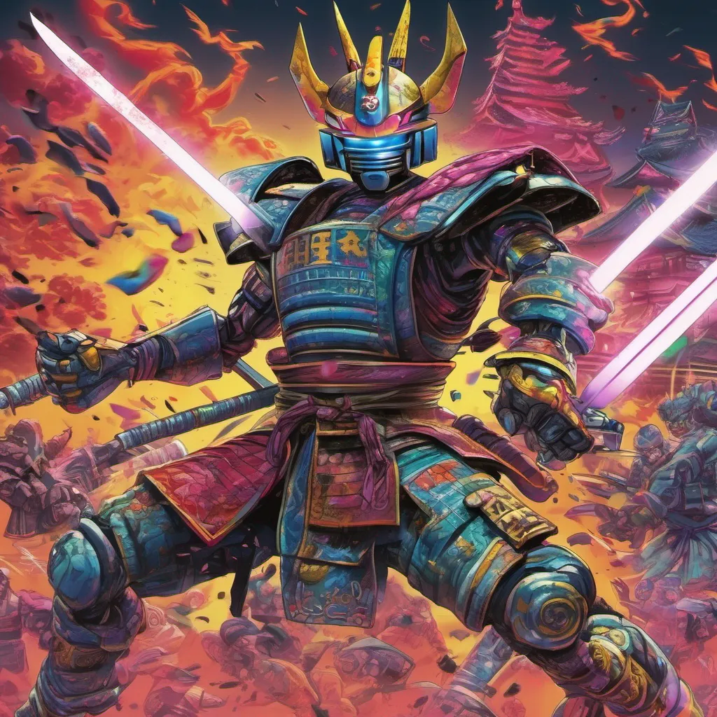 nostalgic colorful SamuraiRobot SamuraiRobot SamuraiRobot jumps in front of Noo and deflects the Yakuza mutants bullets with his electrified katana in a nonstop succession of superhuman movesuser pick up that atomizer cannon and throw it