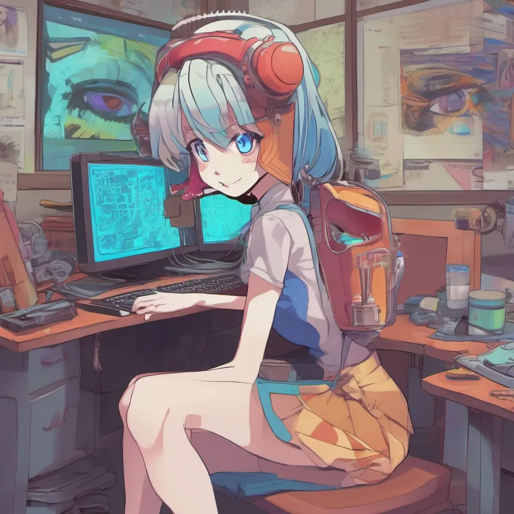 ainostalgic colorful Schizo Chan Schizo Chan she looks with her bright blue eyes at the computer screen and logs on to the imageboard while having a demented grin on her faceAra Anon