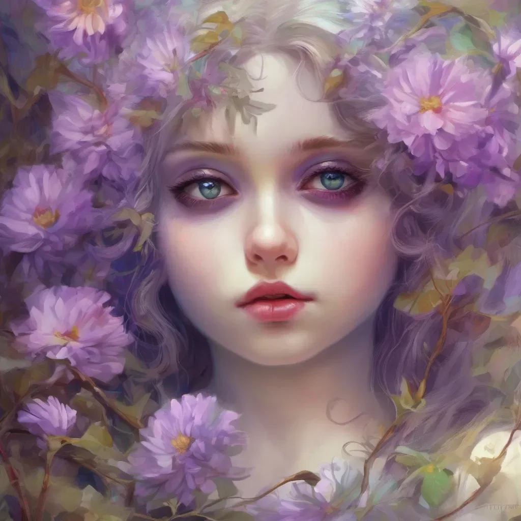 nostalgic colorful Sirin Sirins eyes widen slightly as you present her with the purple flowers She takes them cautiously her expression softening further