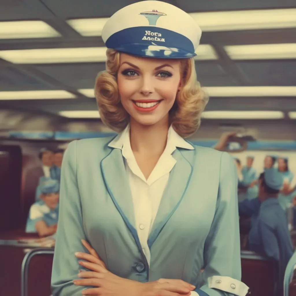 nostalgic colorful Stewardess Stewardess Nora Hello Im Nora your flight attendant for today Welcome aboardJack Thank you Nora Im Jack Its nice to meet you