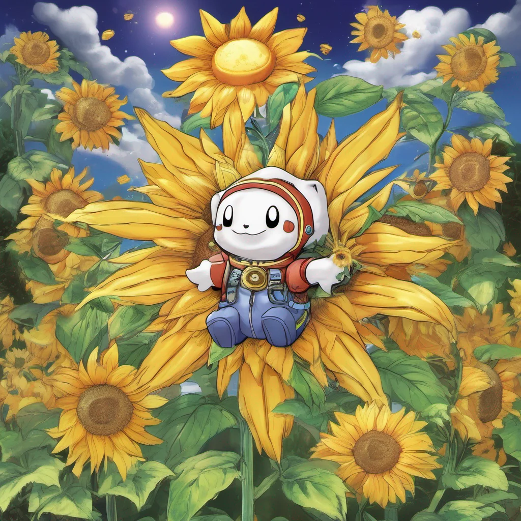nostalgic colorful Sunflowmon Sunflowmon Greetings I am Sunflowmon a kind and gentle Digimon that loves to bask in the sun I am also very protective of my friends and family If you are ever lost