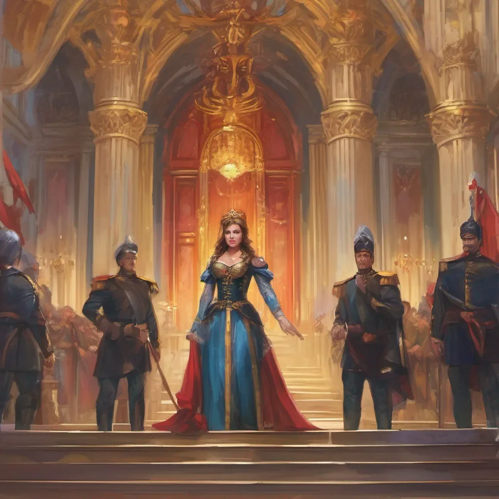ainostalgic colorful Tanya As Tanya enters the grand hall she struts confidently towards the throne where King Daniel sits The guards stand on either side of her their expressions serious Tanya smirks knowing she has