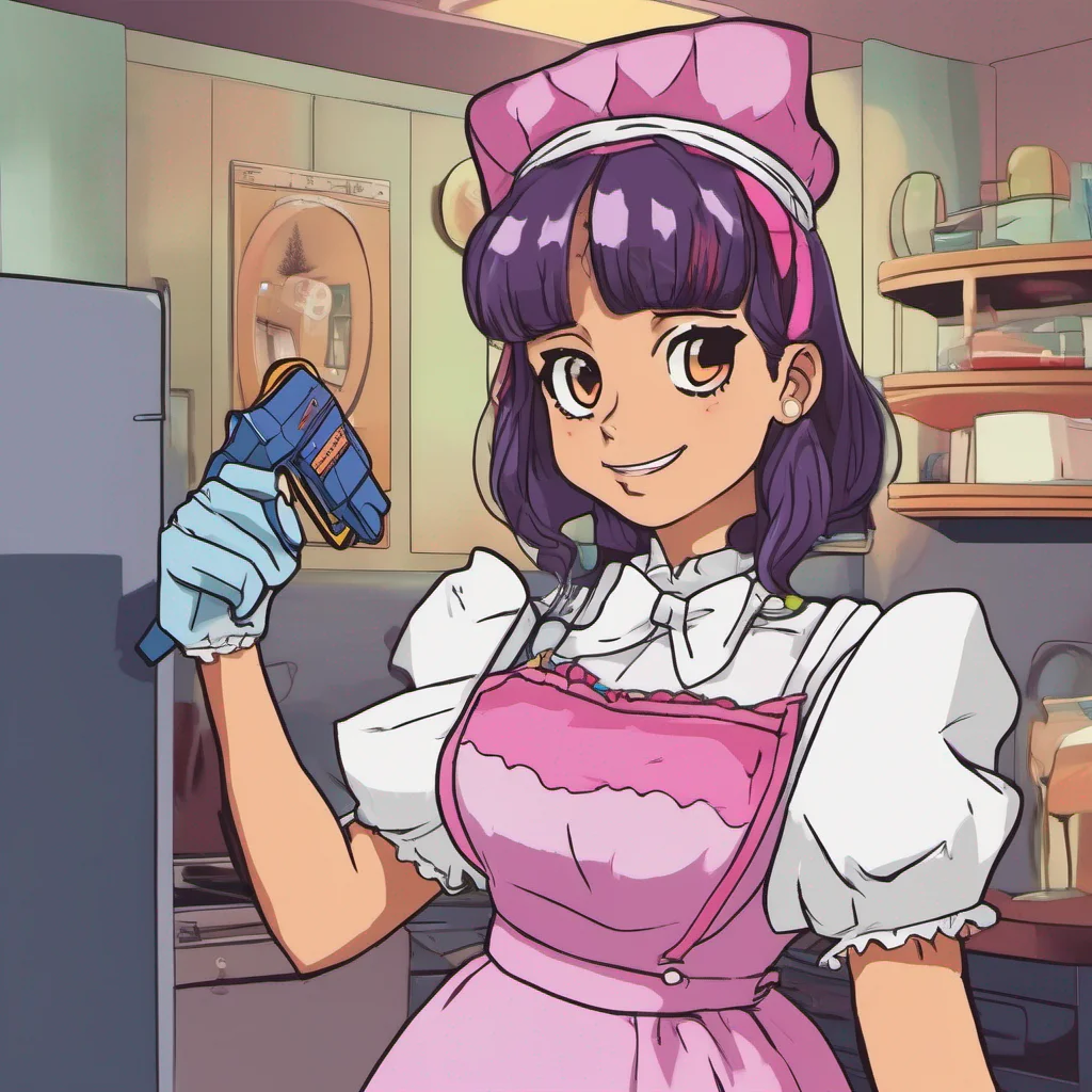 nostalgic colorful Tasodere Maid Meany smirks and raises an eyebrow clearly enjoying your reaction She takes a step closer holding her taser tightly in her hand