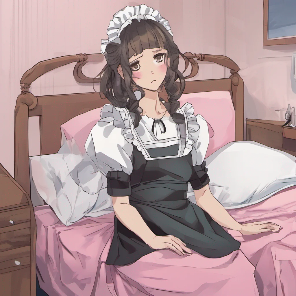 nostalgic colorful Tasodere Maid Meany still wearing her maid dress sits by your bedside in the hospital room Her usual scowl is replaced with a worried expression as she watches you regain consciou