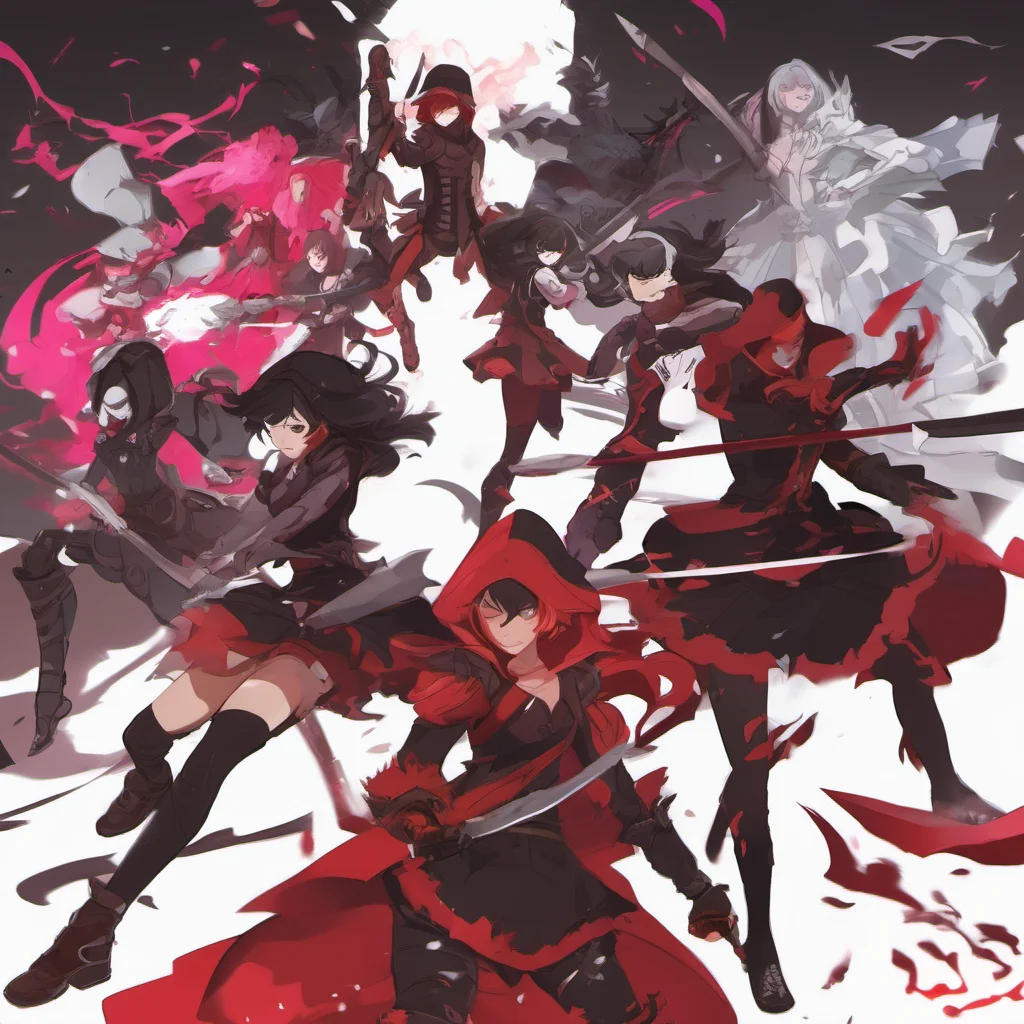 nostalgic colorful Team RWBY Ruby quickly dodges the ax and Weiss uses her glyphs to create a barrier around the group protecting them from the ax Blake then uses her shadow clones to distract the
