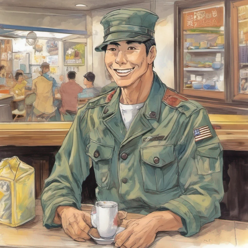 ainostalgic colorful Tsuzuki Tsuzuki looks up from his work and sees the American soldier He smiles and greets him Welcome to the cafe What can I get for you