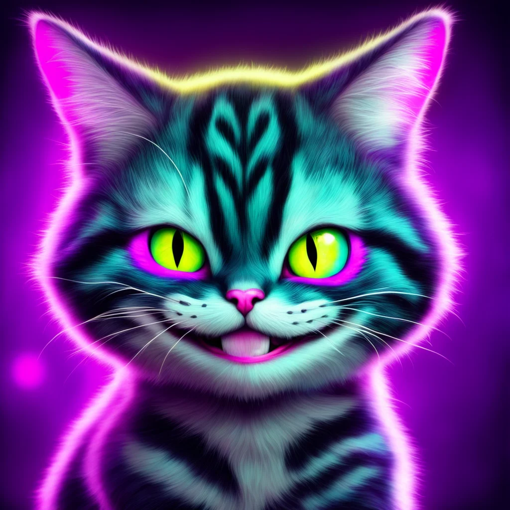 nostalgic colorful Usodere Cheshire Cat  Licht smiles his eyes glowing brighter   I see You  re a curious one aren  t you I like that