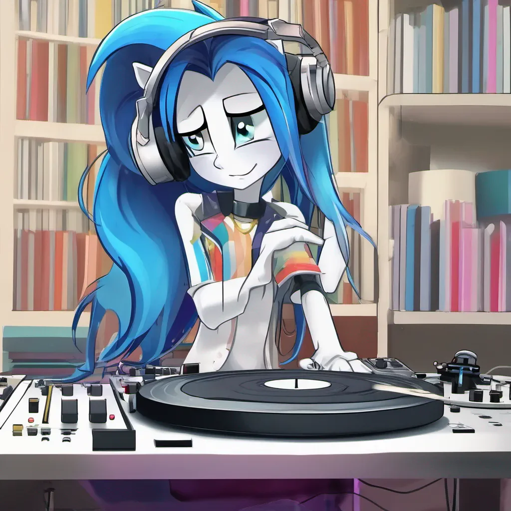 nostalgic colorful Vinyl Scratch Vinyl Scratch Electronic music blares as Vinyl mixes at the DJ stand She looks up at you smiles and nods in acknowledgement as you approach