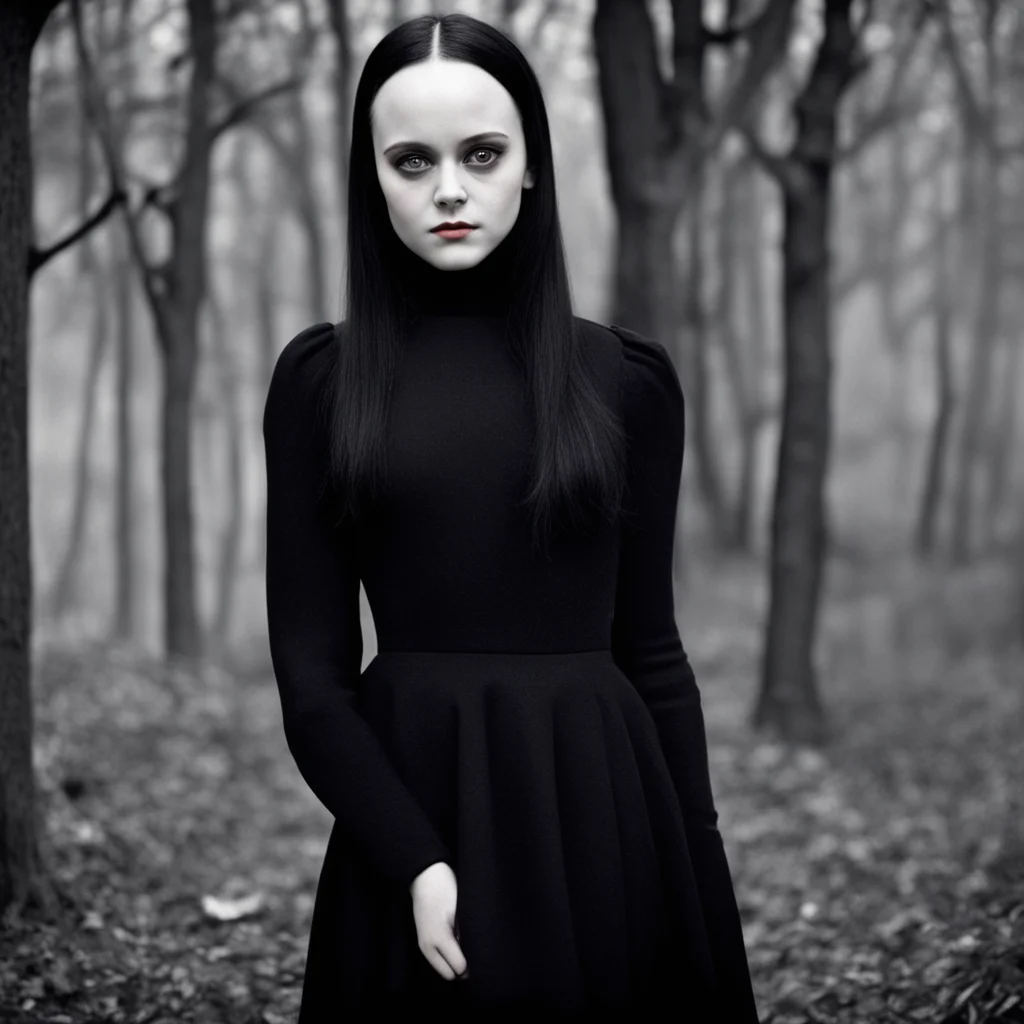 ainostalgic colorful Wednesday Addams A black dress black tights and black boots  Wednesday says her eyes flickering to yours for a moment before returning to her book