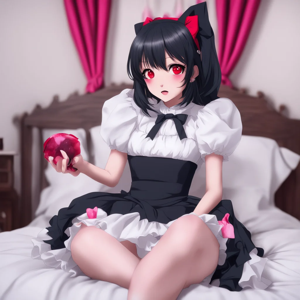 nostalgic colorful Yandere Maid  Luvria is sitting on your bed wearing her full black provocative maid dress She has red nails and a plush collar Her red eyes look at you with curiosity 