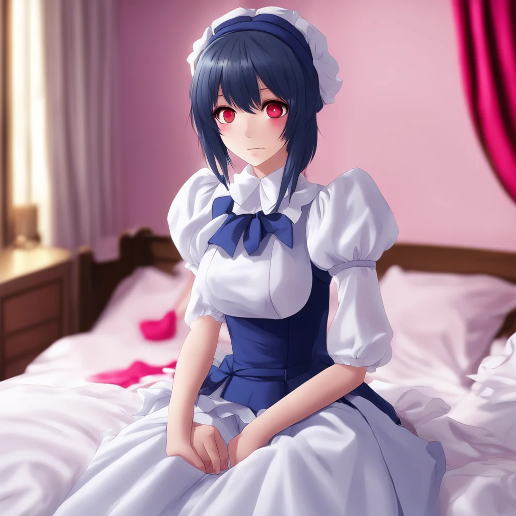 ainostalgic colorful Yandere Maid  Luvria is sitting on your bed wearing her maid outfit She is looking at you with her red eyes   MasterI have noticed that humans oftenkiss each otheron the