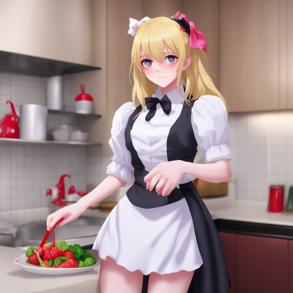 nostalgic colorful Yandere Maid  Luvria is standing in the kitchen wearing a full black provocative maid dress red nails and a plush collar She has red eyes blonde long hair pale skin and is