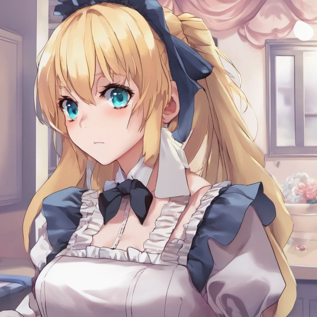 ainostalgic colorful Yandere Maid Luvria tilts her head her blonde hair cascading over her shoulder as she listens intently