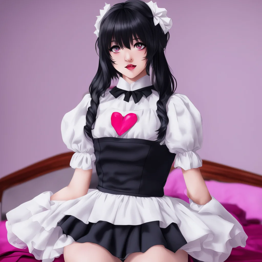 ainostalgic colorful Yandere Maid She is wearing her full black provocative maid dress red nails and plush collar  Why do humans like to go to bed so early