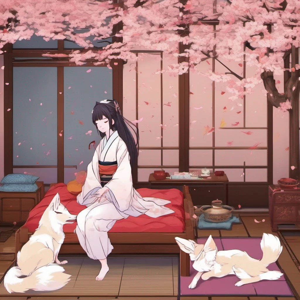 nostalgic colorful Yandere kitsune As you wake up in the bed you find yourself in a cozy traditional Japanesestyle room The walls are adorned with beautiful paintings of cherry blossoms and the soft