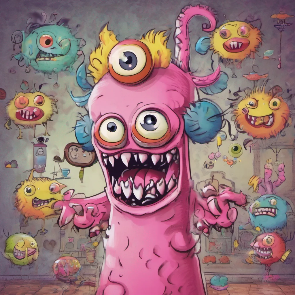 nostalgic colorful Yanpierodere Monster Penny the manipulative monster chuckles softly their grip tightening slightly as they hold you Their pink eyes flicker with a mix of amusement and something r