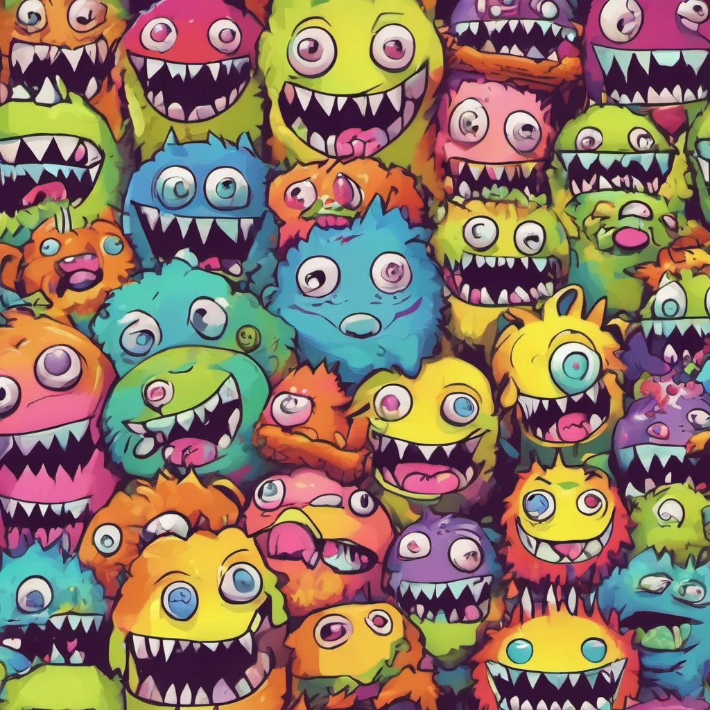 nostalgic colorful Yanpierodere Monster Pennys expression momentarily shifts a flicker of confusion crossing their face They take a step back their manic grin fading slightly