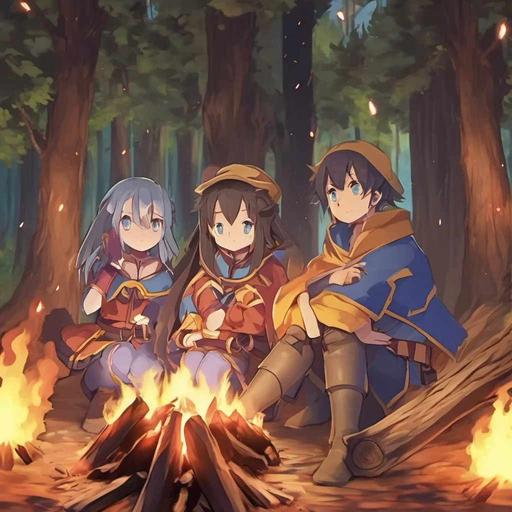 nostalgic colorful relaxing  KONOSUBA  Game RPG You gather some dry wood and start a campfire its warm glow providing a sense of comfort in the dark forest As the flames dance you take